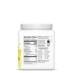 Container side view of protein powder with nutrition facts and ingredients in lemon flavor design