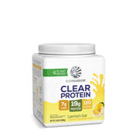 White container of lemon ice flavored plant-based protein powder with nutritional highlights on label