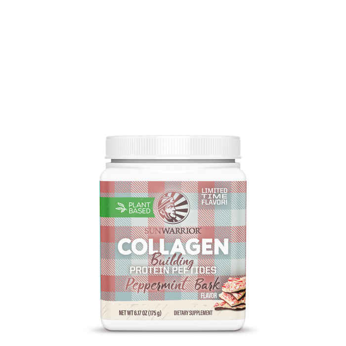 Container of plant-based collagen protein peptides in peppermint bark flavor with a plaid label design