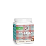 Container of plant-based collagen building protein peptides with peppermint bark flavor on white background
