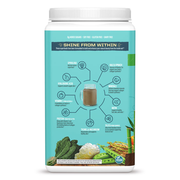 Back of a turquoise container with health ingredients and wellness benefits descriptions for a vegan supplement powder.