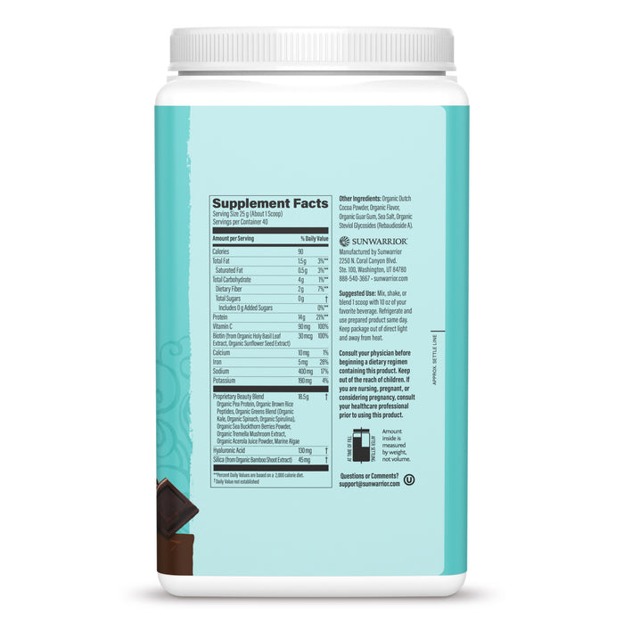 Back view of a Sunwarrior protein powder container showing supplement facts and usage instructions.