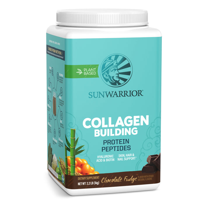 Container of Sunwarrior collagen-building protein peptides with plant-based chocolate fudge flavor label