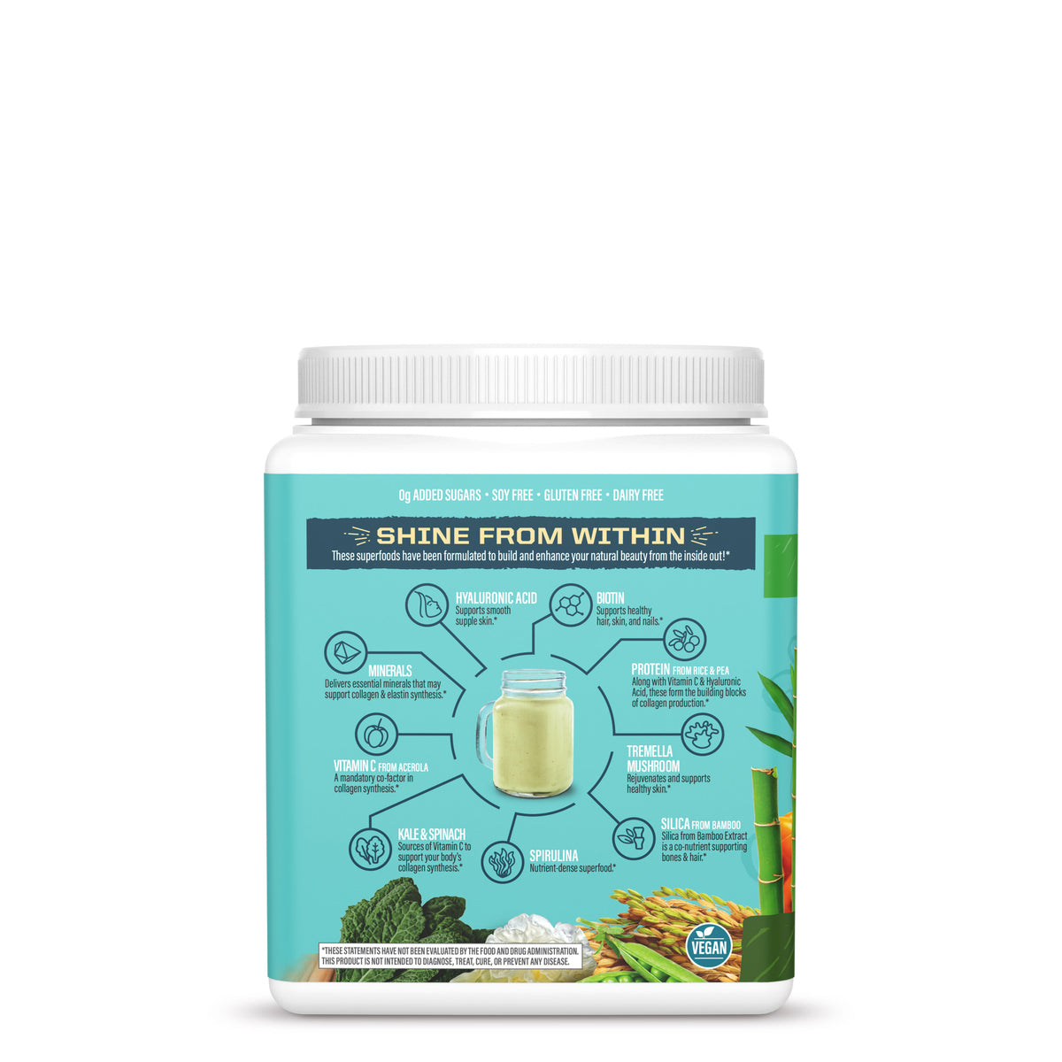 Container of plant-based collagen supplement with key ingredients and vegan label on turquoise background