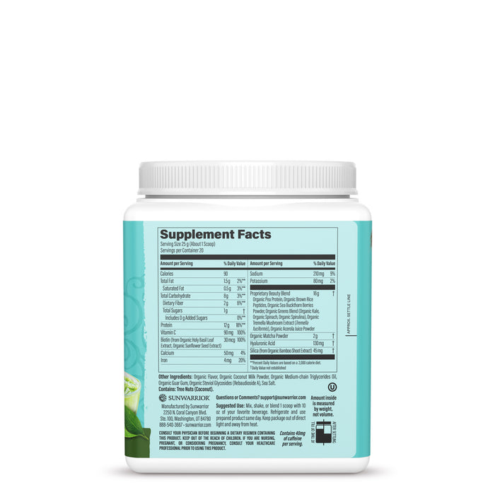 Back view of a white container showing Supplement Facts and ingredient details on a light teal label.