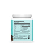 Supplement facts label on a white and turquoise supplement container with nutritional information details.