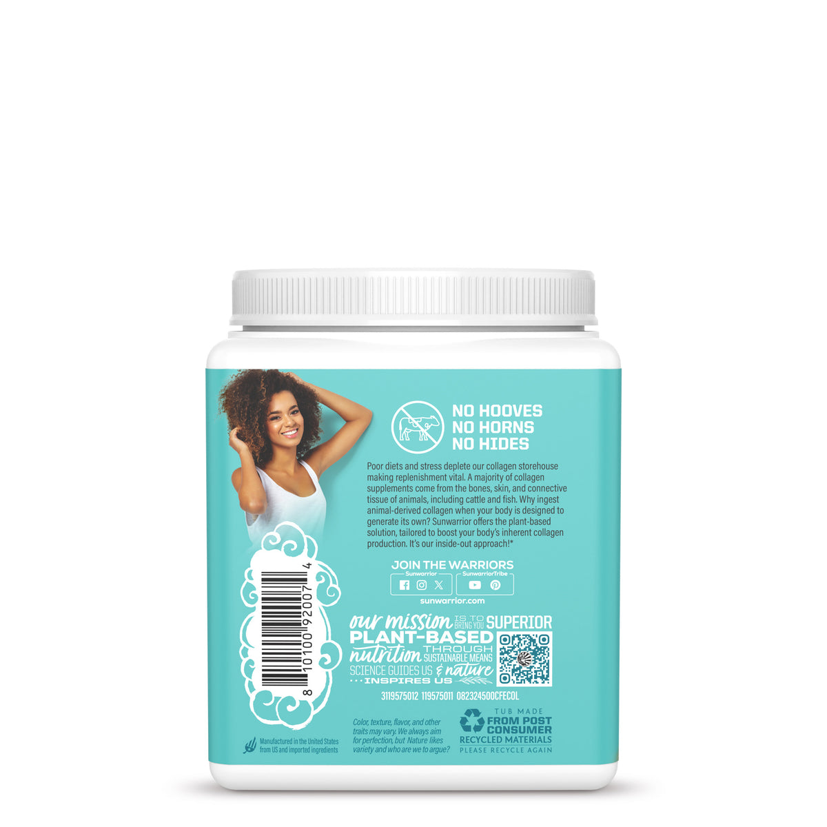 Container with blue label showing collagen supplement information and a smiling woman on the back panel