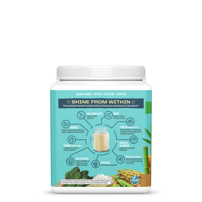 Container of collagen powder with ingredients and benefits illustrated on a turquoise background