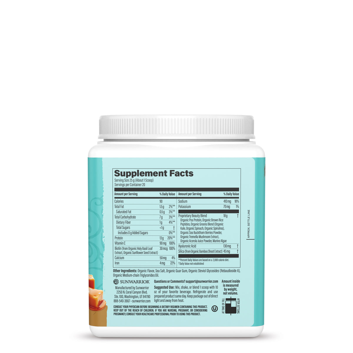 Supplement facts panel and ingredients label on a teal container with caramel graphic on white background