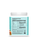 Supplement facts panel and ingredients label on a teal container with caramel graphic on white background