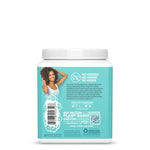 Back label of a plant-based collagen powder container with product information and a smiling woman on turquoise background.