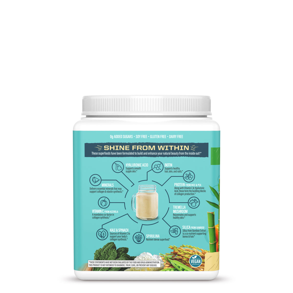 Container label showing superfood ingredients and benefits for natural beauty and wellness support.