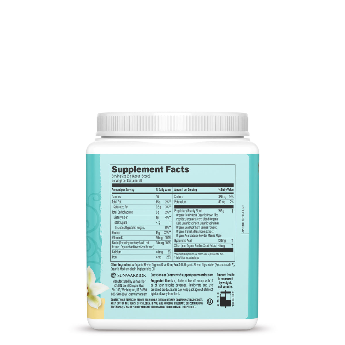 Back view of a supplement container showing nutrition facts and ingredients on a turquoise label.