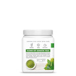 White container of matcha powder labeled 