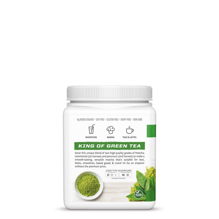 White container of matcha powder labeled 