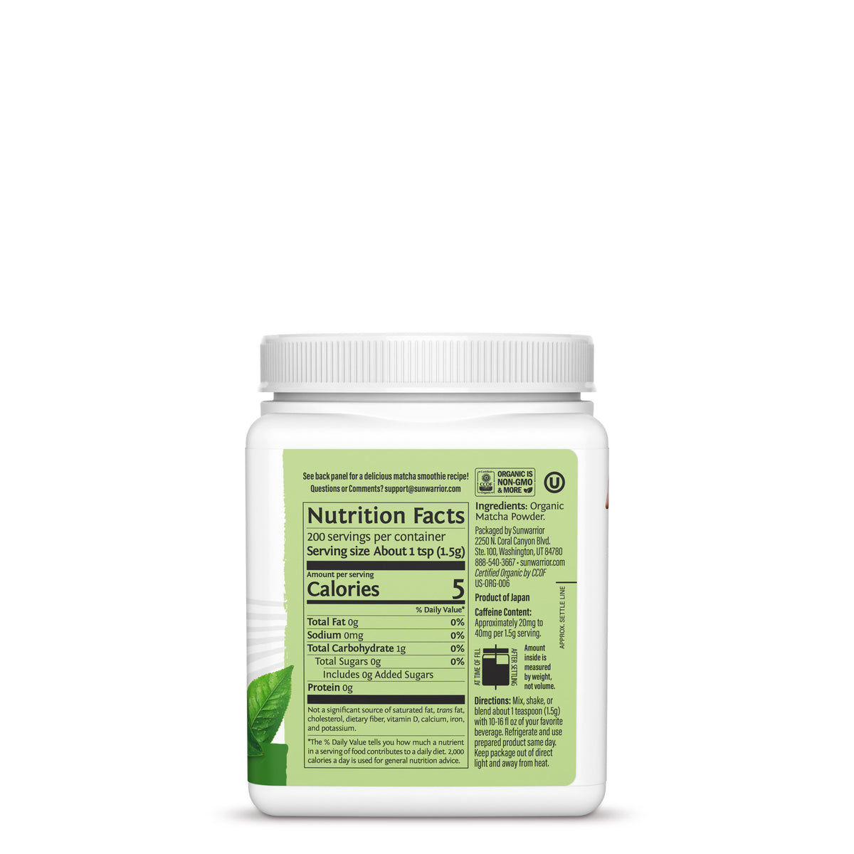 Container of organic matcha powder with nutrition facts and usage instructions on label