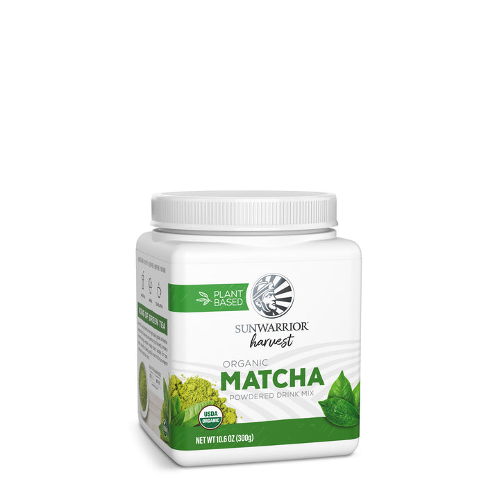 Container of Sunwarrior Harvest organic matcha powdered drink mix with green tea leaves on label