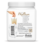 Side view of Psyllium Husk Powder tub with Easy Psyllium Flatbread recipe and recycling information. 