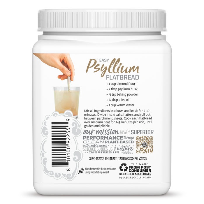 Side view of Psyllium Husk Powder tub with Easy Psyllium Flatbread recipe and recycling information. 