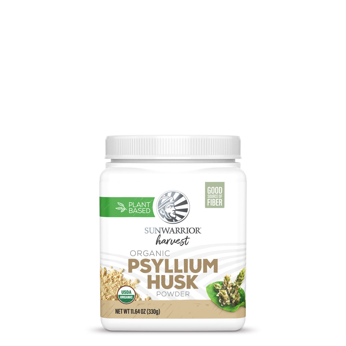 White container of Sunwarrior Harvest organic psyllium husk powder with green and beige label details