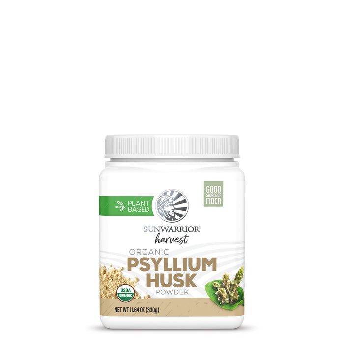White container of Sunwarrior Harvest organic psyllium husk powder with green and beige label details