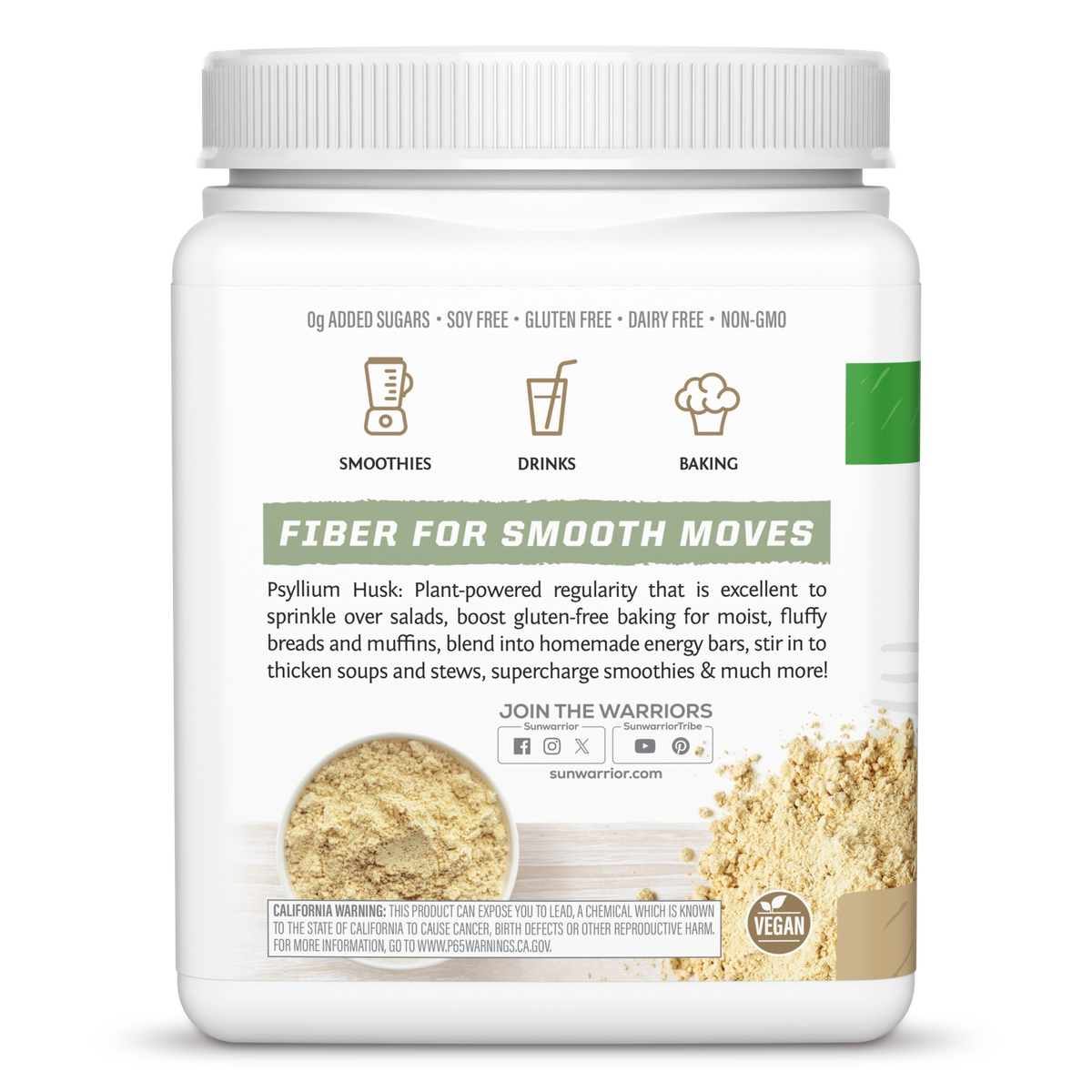 Side view of Psyllium Husk Powder tub with usage suggestion icons and information about Psyllium Husk.