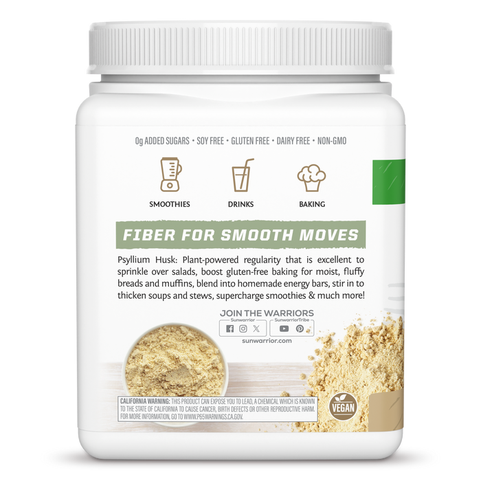 Side view of Psyllium Husk Powder tub with usage suggestion icons and information about Psyllium Husk.
