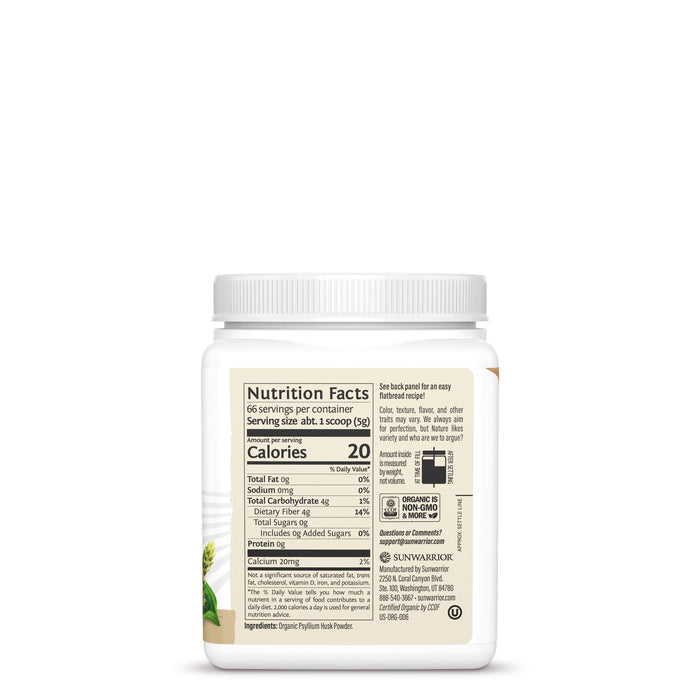 Nutrition facts label on a white container of psyllium husk powder with serving and ingredient details.