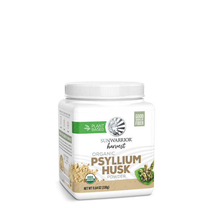 Container of Sunwarrior Harvest organic psyllium husk powder with plant-based and good fiber labels