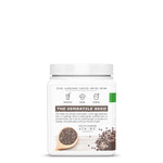 White container of versatile chia seeds with usage icons and description text on the label