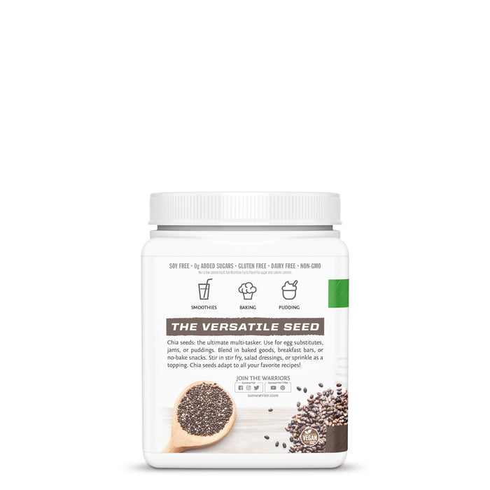 White container of versatile chia seeds with usage icons and description text on the label