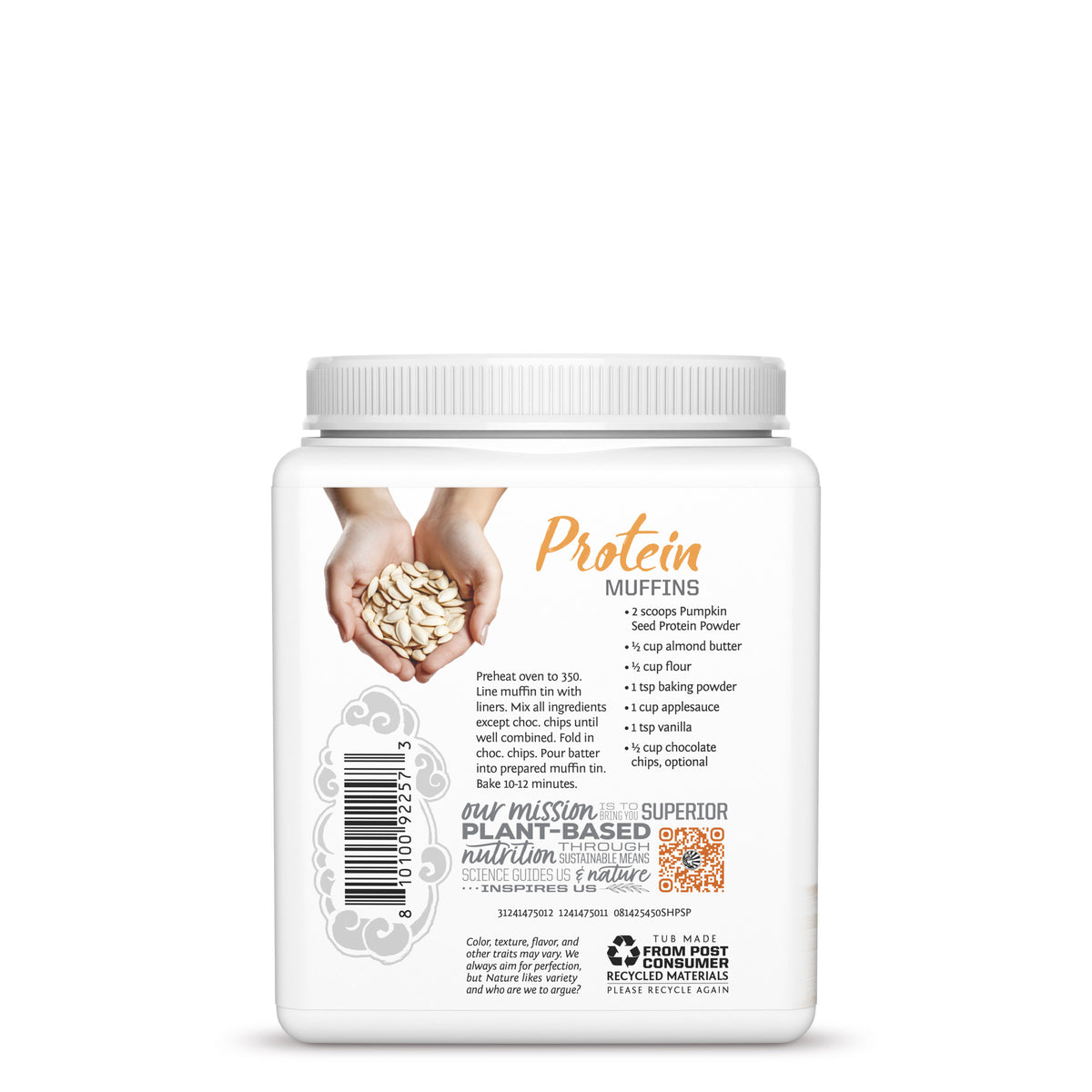 White container showing pumpkin seed protein powder ingredients and protein muffin recipe on back label
