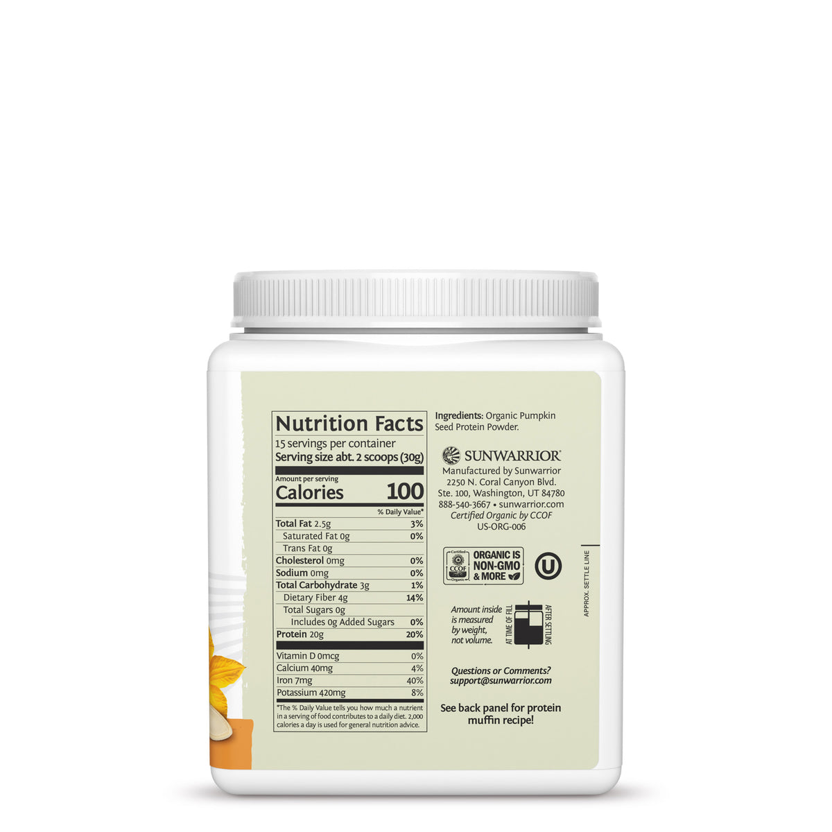 Nutrition facts and ingredients label on container for organic pumpkin seed protein powder by Sunwarrior.