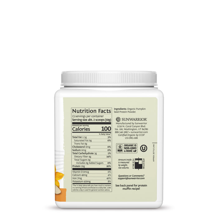 Nutrition facts and ingredients label on container for organic pumpkin seed protein powder by Sunwarrior.