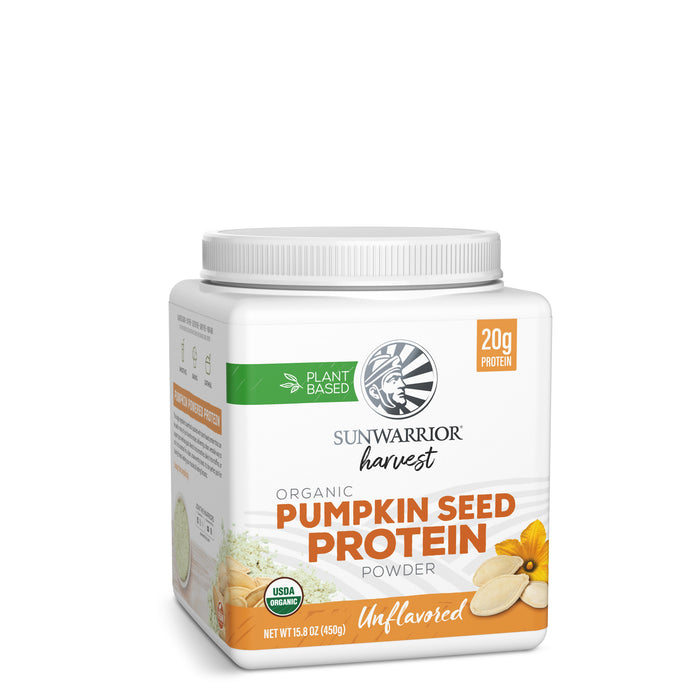 Sunwarrior Harvest organic pumpkin seed protein powder container with plant-based and unflavored labels
