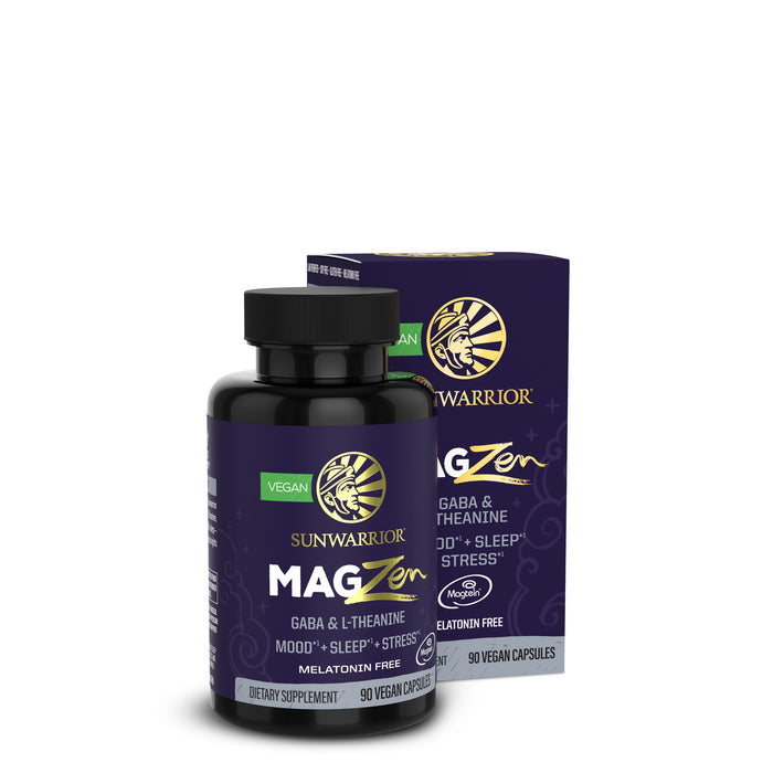 Sunwarrior MAG Zen dietary supplement bottle and box with vegan capsules for mood and sleep support