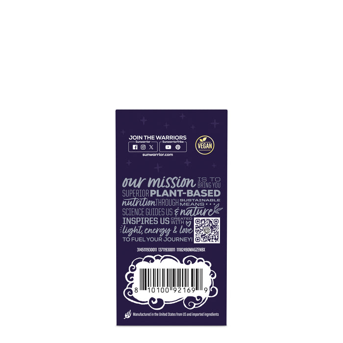 Back of Sunwarrior plant-based protein powder package with mission statement and barcode.
