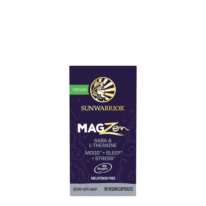 Sunwarrior MagZen dietary supplement box for vegan mood, sleep, and stress support capsules