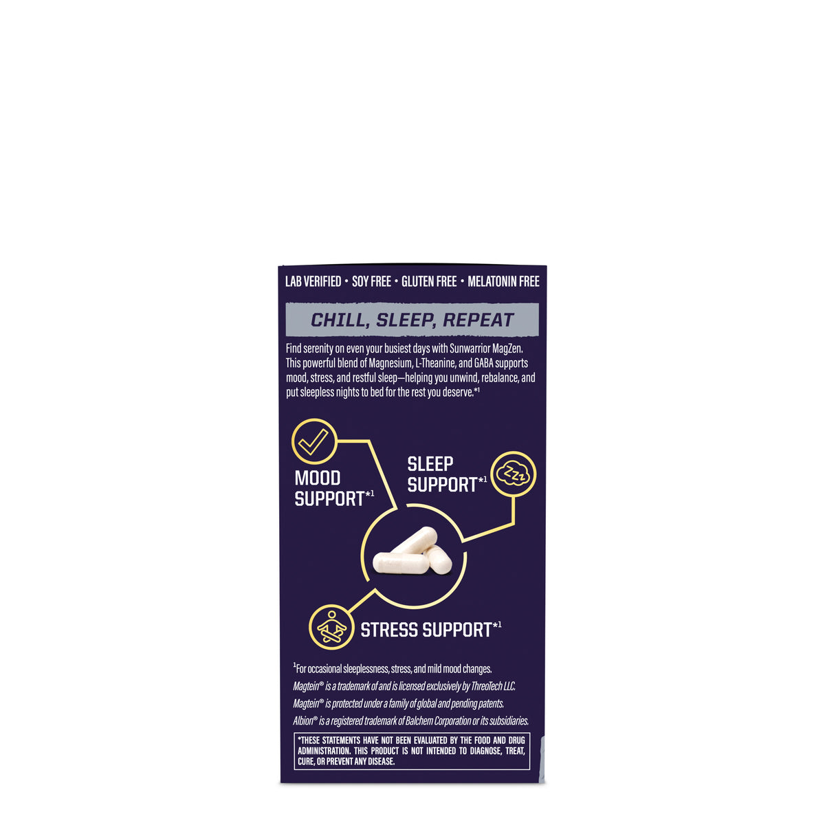 Sunwarrior supplement label highlighting mood, sleep, and stress support with capsules shown.