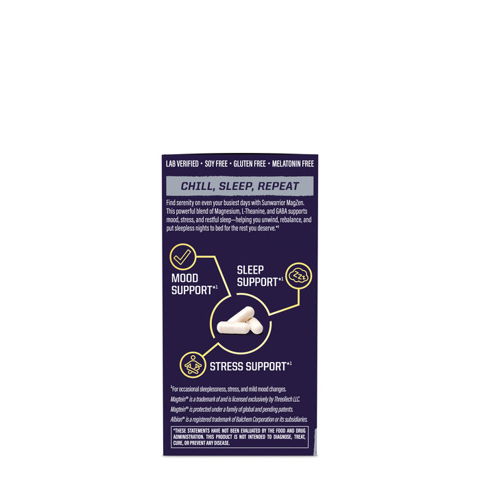 Sunwarrior supplement label highlighting mood, sleep, and stress support with capsules shown.