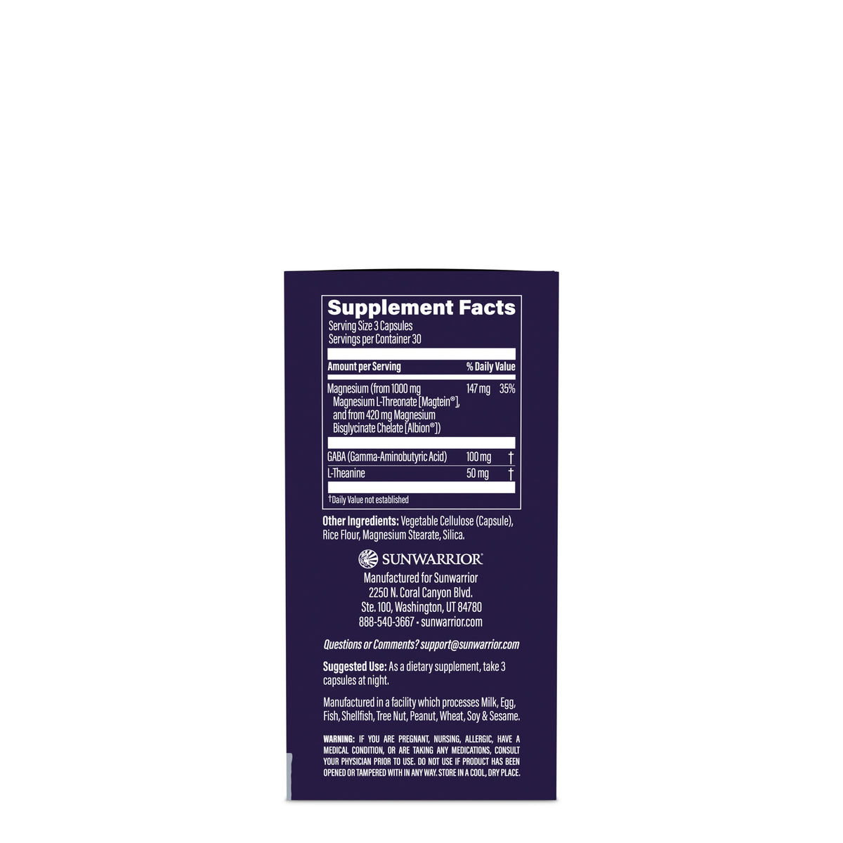 Supplement facts panel showing magnesium, GABA, other ingredients, and usage instructions on a dark background.
