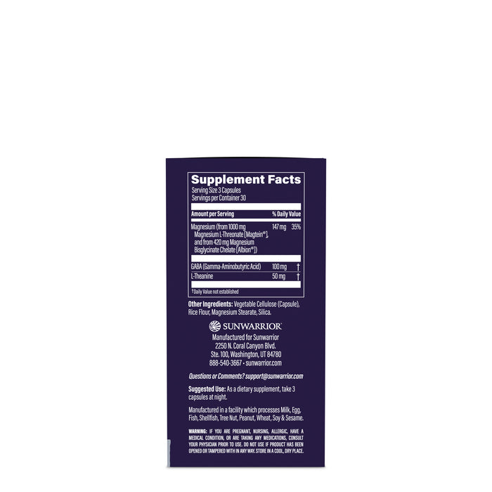 Supplement facts panel showing magnesium, GABA, other ingredients, and usage instructions on a dark background.
