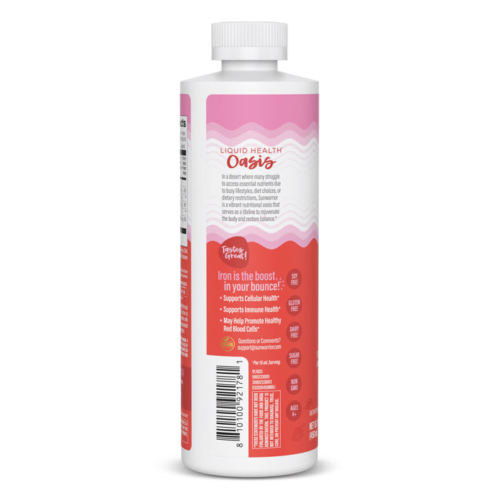 White and pink cylindrical bottle with a white cap, featuring a label with wavy pink and red patterns, text about iron supplement benefits, and a barcode on the side.