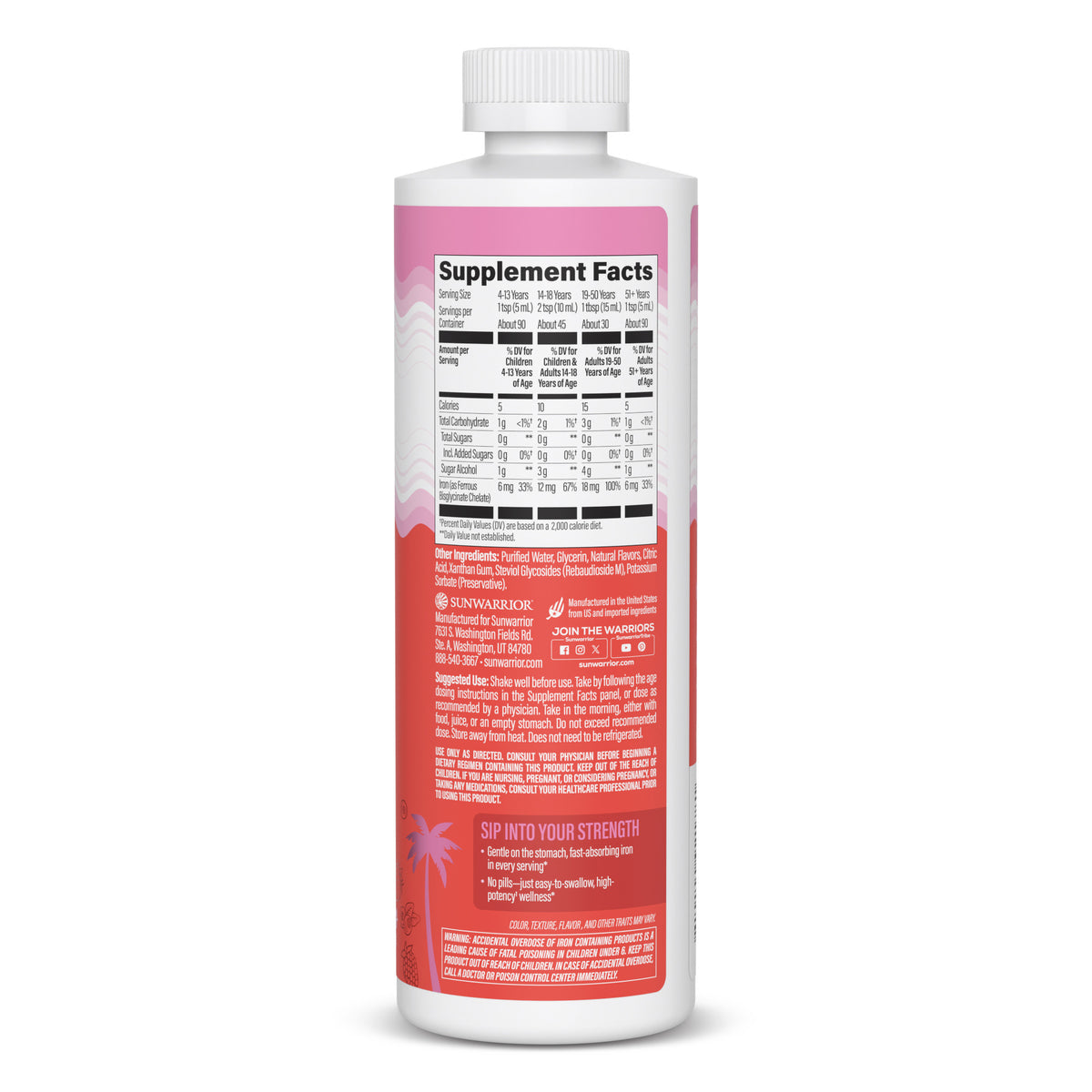 Back view of a white bottle with a pink and red label displaying detailed supplement facts, ingredient information, usage instructions, and a small palm tree graphic at the bottom.