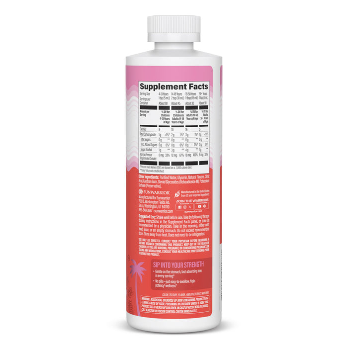 Back view of a white bottle with a pink and red label displaying detailed supplement facts, ingredient information, usage instructions, and a small palm tree graphic at the bottom.
