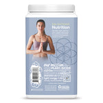 Container with a woman in a yoga pose on a blue background with wellness and plant-based nutrition text.