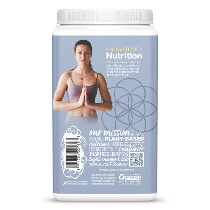 Container with a woman in a yoga pose on a blue background with wellness and plant-based nutrition text.