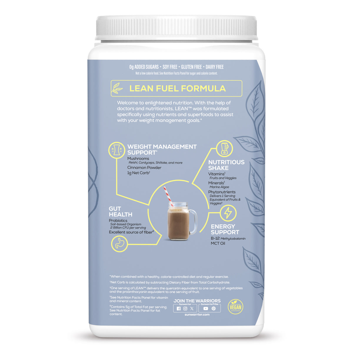 Back view of powder container with weight management, gut health, energy, and nutrition support details.