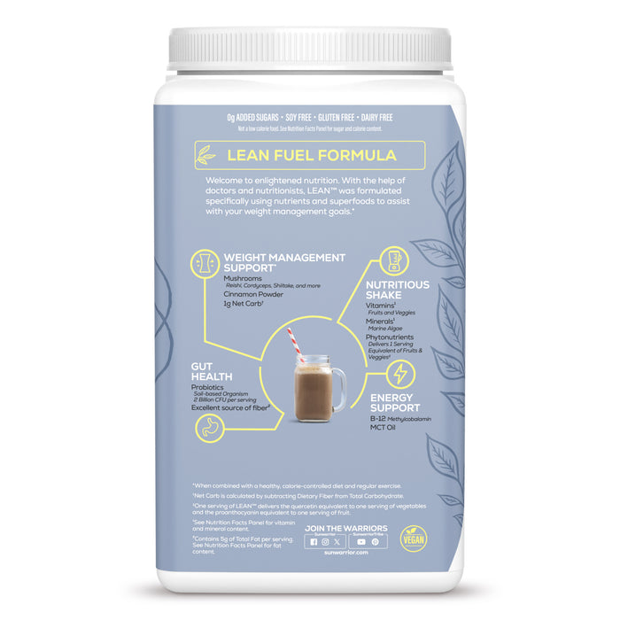Back view of powder container with weight management, gut health, energy, and nutrition support details.