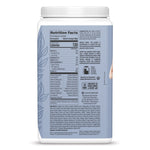 Back of a Sunwarrior protein powder container showing nutritional facts, ingredients, and usage instructions.